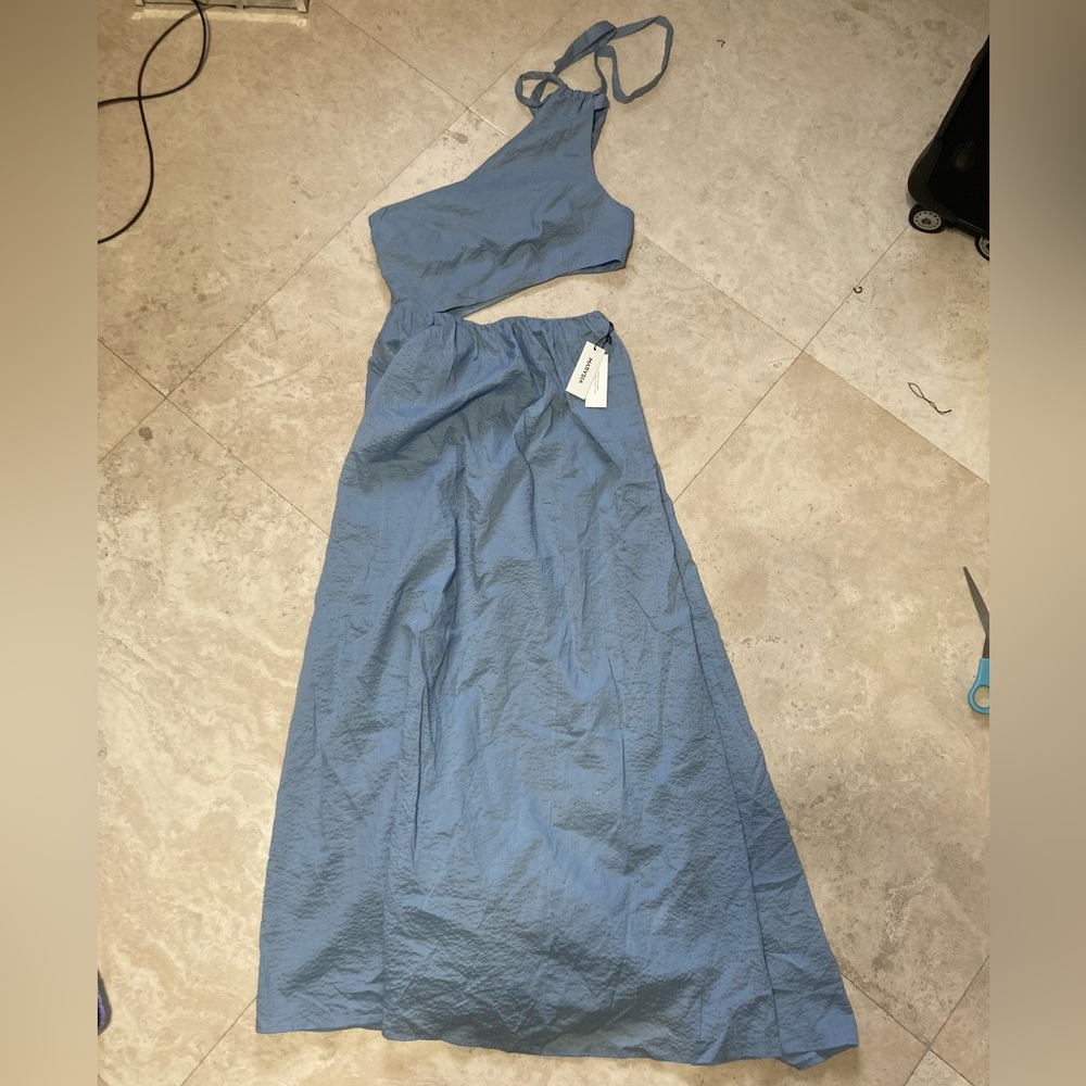 Marysia Resort, one-shoulder cutout cotton-seersucker dress, baby blue